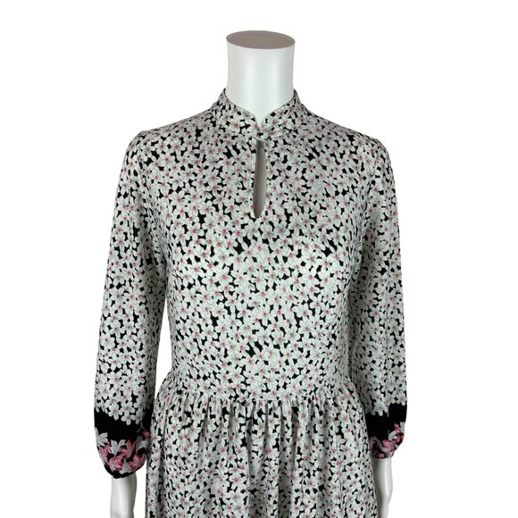 Vintage 70s Floral Dress Women's Small Border Print Pink Keyhole Neckline Sheath - Picture 3 of 12